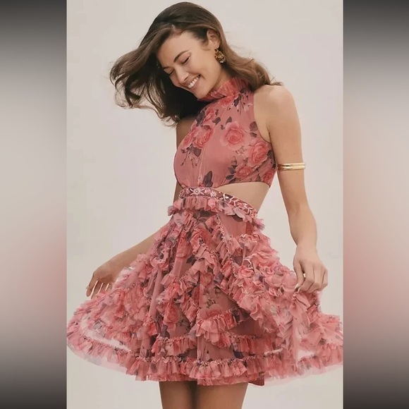 Mac Duggal Pink Ditzy Floral Ruffled Cutout Dainty Halter Mini Prom Dress Size 6 - Picture 1 of 16
